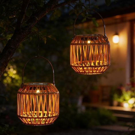 HOVCEH Solar-Stehleuchte für den Außenbereich, 2-teiliges Solar-Laternen-Set für Garten, handgestrickte Solarlampen, IP44 Hänge-Solarlaterne für Terrasse, Hof und Balkon (F) (1/5)