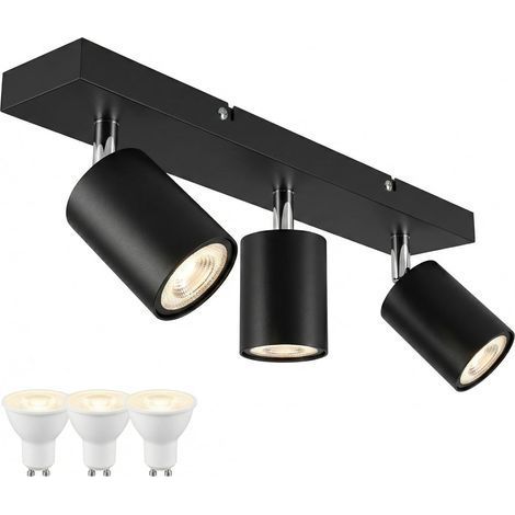 Plafonnier LED 3 Spots Noir Orientable avec 3 Ampoules GU10 4000K Blanc Neutre - Barre de Spots Rectangulaire Métal - Éclairage Naturel Prêt à l'Emploi pour Cuisine, Couloir et Dressing (1/5)