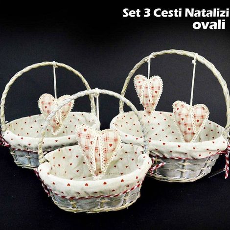 TrAdE Shop Traesio - Set 3 Cestini Natalizi Ovali In Vimini E Tessuto Diametro 39/34/29 Cm Grigio -