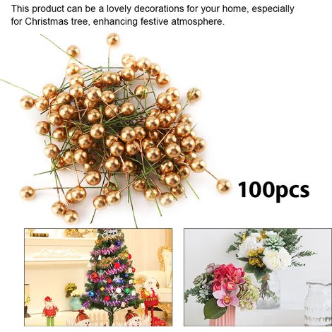100 baies de houx artificielles dorées, décorations de Noël à suspendre, 12 mm (1/5)