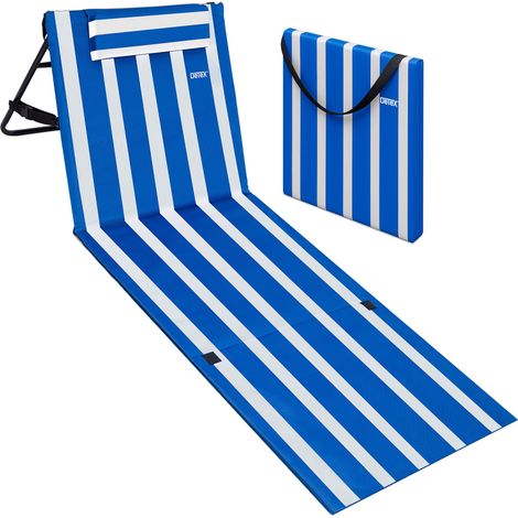 DETEX® Folding Beach Lounger With Adjustable Backrest Lightly Padded Foldable Sun Bed With Side Pocket Cushion Shoulder Strap Weatherproof Beach Mat Lounger Blau Weiß (de) (1/5)