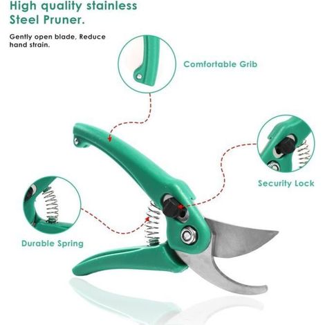 Sécateur de jardin en acier inoxydable - ergonomique, avec verrou de sécurité, lame durable antidérapante, pour fleurs/plantes/tiges (1/4)