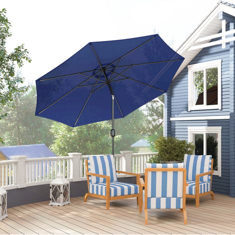 Sombrilla de jardín Outsunny, recta e inclinable, 3 m de diámetro, toldo redondo de metal, poliéster de 180 g/m², manivela inclinable, color azul. (1/5)