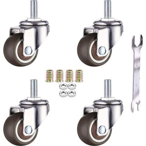 Lot de 4 roulettes pivotantes pour meubles - M6 x 15 mm - Filetage 25 mm - Caoutchouc souple - Filetage TPE - Mini roulettes pour meubles (25 mm) (1/5)