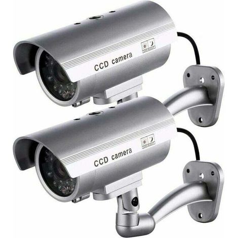 2 fausses caméras d'extérieur intérieur et extérieur avec lumière LED clignotante couleur argentée (1/4)