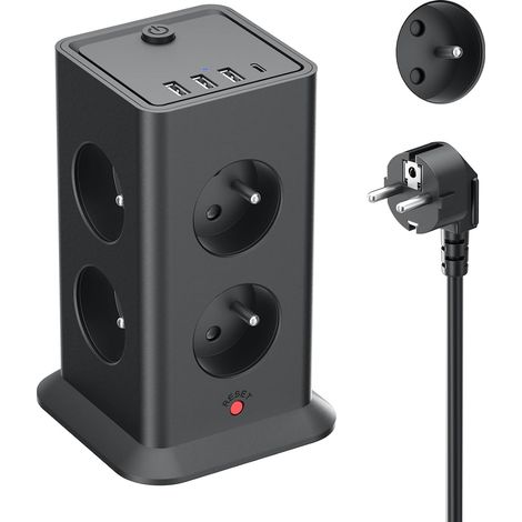 12 en 1 Multiprise avec Interrupteur, Prise Multiprise Françaises 8 Prises AC avec 4 Ports USB, Bloc Multiprise Parafoudre et Surtension avec Interrupteur, 3680W Câble 2M pour Maison Bureau Noir (1/5)