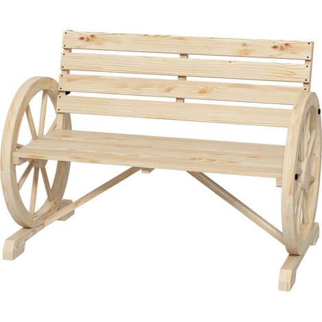 Banco De Jardín Banco De Madera De 2 Plazas Banco De Parque Con Diseño De Rueda De Carro, Banco Con Reposabrazos En Estilo Rústico, Soporta Hasta 240 Kg, Madera De Abeto Natural