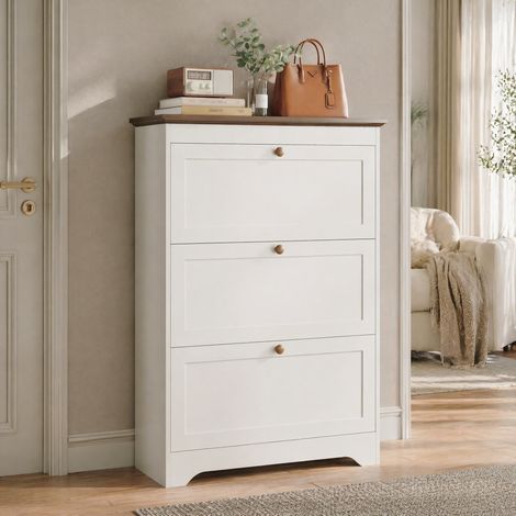 Zapatero de 3 puertas (87x26x120 cm), con cierre amortiguado, estante superior, MDF, blanco (1/5)