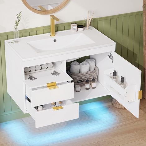Meuble sous-vasque mural 76x46x51cm vasque intégrée LED pilotable app finition bois blanc fermeture amortie sans robinetterie (1/5)