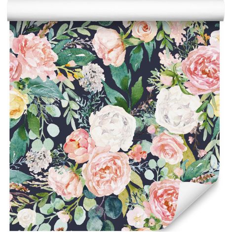 Papel pintado con flores y hojas coloridas en estilo acuarela, 50x1000 cm. (1/5)