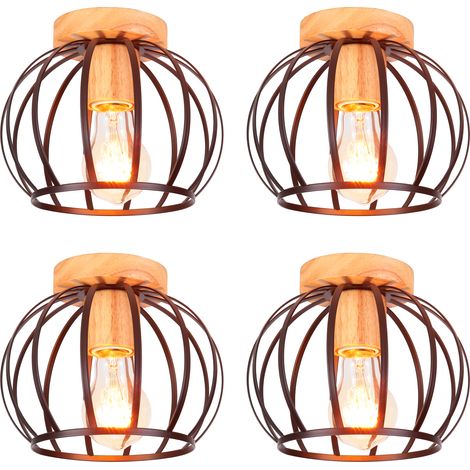 4 Pack Ceiling Light Vintage Retro in Wood Metal Ceiling Lamp E27 with Round Lampshade for Corridor Stairs Entrance Bedroom Black (1/5)