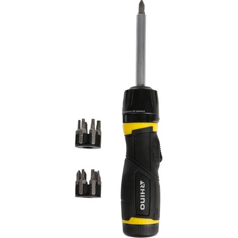 RHINO - TOURNEVIS À POIGNÉE REVOLVER, TOURNEVIS PORTE-EMBOUTS À CLIQUET ORIENTABLE, TOURNEVIS REVOLVER À CLIQUET + 12 EMBOUTS DE