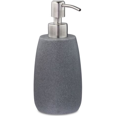 Relaxdays Seifenspender 300 ml, nachfüllbar, Bad, Küche, Flüssigseifenspender, rund, Polyresin, Edelstahlpumpe, grau