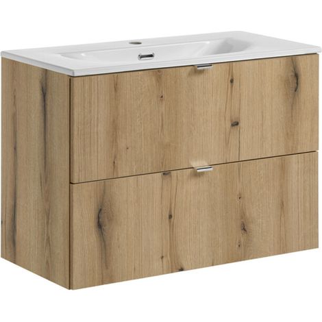 Ensemble meuble salle de bain suspendu 2 tiroirs avec vasque encastrée NOVA OAK 80 cm-Largeur 80 cm (1/5)