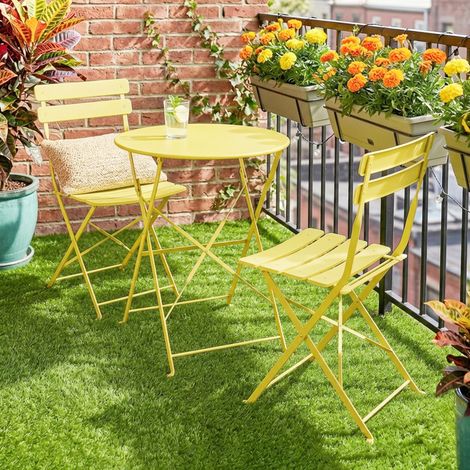 Ensemble bistro de jardin 3 pièces, table + 2 chaises pliantes à lattes, double protection antirouille, jaune