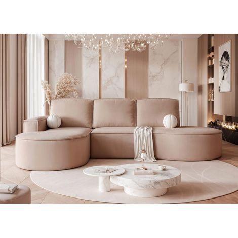 Ecksofa Schlafsofa Sofa ARLET in Stoff Riviera Cappuccino Ottomane Rechts
