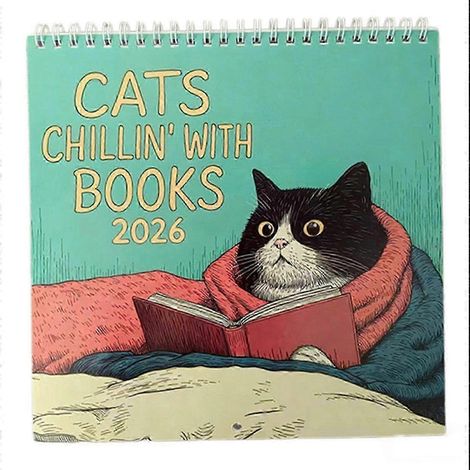 Calendrier mural 2026 « Chats qui se détendent avec des livres » - Décoration murale amusante et mignonne avec des chats, cadeau idéal pour les amoureux des livres (1/5)