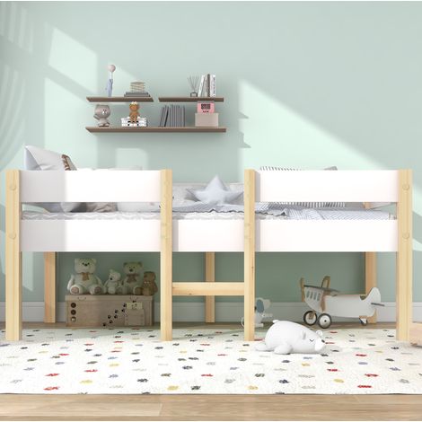 Cama alta infantil de madera maciza y MDF blanca 90x200 cm con somier, escalera y barrera de seguridad (1/5)