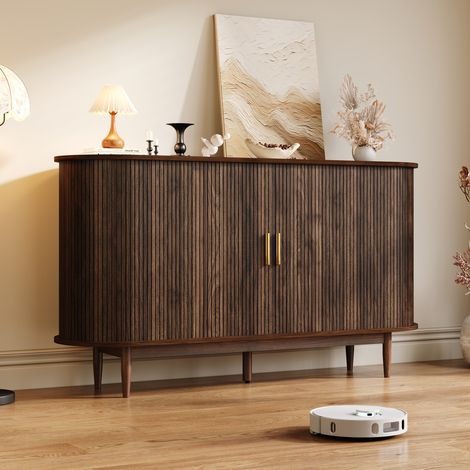 Credenza 140x40x78 cm, ante scorrevoli, 6 vani interni, 1 cassetto, pannello truciolare, effetto noce (1/5)