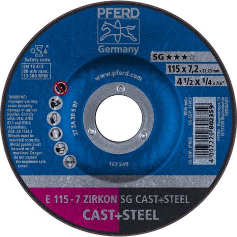 PFERD TOOLS Schruppscheibe E 115x7,2x22,23 mm ZIRKON Leistungslinie SG CAST+STEEL für Guss/Stahl 10 Stk