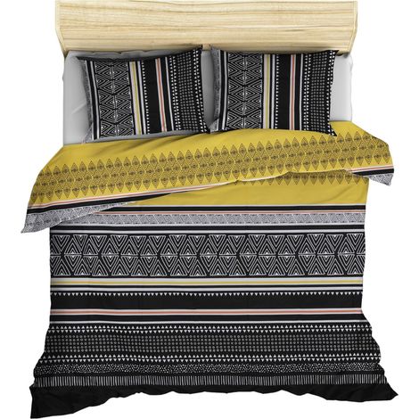 Parure housse de couette + 2 taies d'oreiller 240x220 Jaune Noir Gris (1/2)