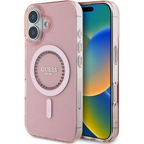 Coque rigide rose Guess GUHMP16SPFTDTEP pour iPhone 16 6,1" avec strass IML et MagSafe (1/5)