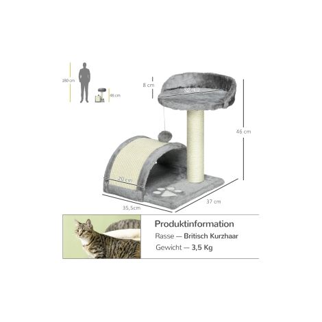 Arbre à chat 46 cm, petite tour pour chat avec grotte, balle de jeu, corde en sisal, plateforme surélevée, arbre à chat, tour d'escalade, pour chats jusqu'à 4 kg, gris (1/5)