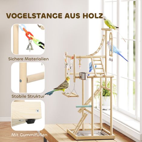 Perchoir pour oiseaux, set de barres à 4 niveaux, plateau en acier inoxydable, jouets en bois naturel