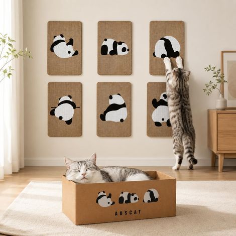 Griffoir Mural en Carton pour Chat, 7 Planches à griffer avec Boîte, Pads à griffer muraux pour Chats d'intérieur, Protecteur de Meubles, 36,8 cm x 23,6 cm, Design Panda (1/5)