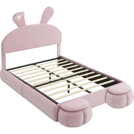 Lit double coffre hydraulique 140x200 cm velours rose avec LED et 2 poufs de rangement MODENUIT (1/5)