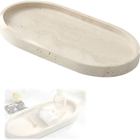 Plateau, Plateau Ovale de Salle de Bain en Travertin Naturel Plateaux Decoratif Beige à Bord Surélevé Plateaux à Bijoux 25 x 12 cm pour Cosmétiques Produits de Soin Bijoux Parfums et Bougies (1/5)