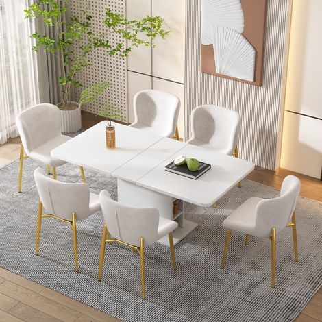 Table extensible avec rangement, table à manger rectangulaire moderne en fer, table de salle à manger multifonctionnelle gain de place, style épuré, blanc (1/5)