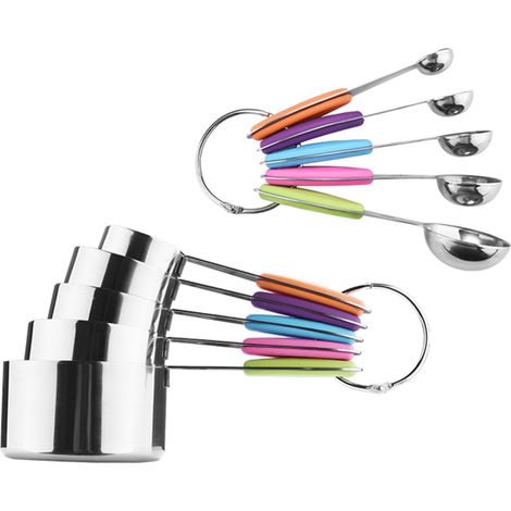 Juego de 10 tazas y cucharas medidoras para ingredientes secos y líquidos, utensilios de cocina resistentes al calor fabricados en acero inoxidable y silicona. (1/5)