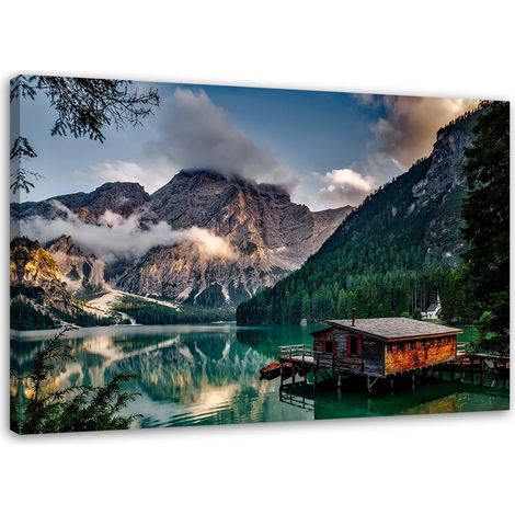 Stampa su tela Capanna al lago di montagna Dolomiti - 90x60 (1/5)