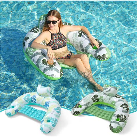 Chaise Flottante Gonflable pour Adultes, Ensemble de 2 avec Porte-Gobelets, Jouet de Piscine et Flotteur pour l'Été (Bleu) (1/3)