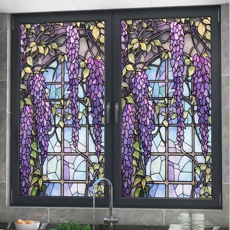 (45x200cm)Film de fenêtre à motif floral pour vitrail - Blocage UV - Isolation thermique - Motif violet - Pour décoration de fenêtre - (1/5)