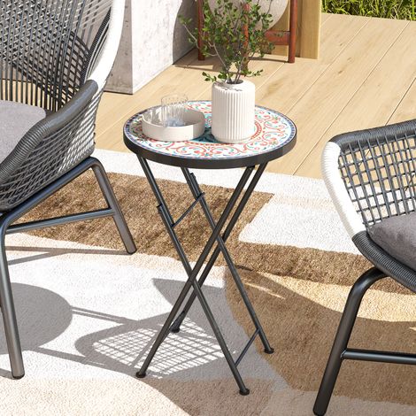 Mesa de jardín con mosaico, mesa redonda plegable para patio con estructura metálica y tablero de cerámica, diseño de mosaico, multicolor.