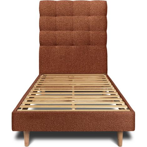 Lit 90x200cm avec tête de lit capitonnée bouclette et sommier kit Terracotta - Hauteur totale : 29cm (1/5)