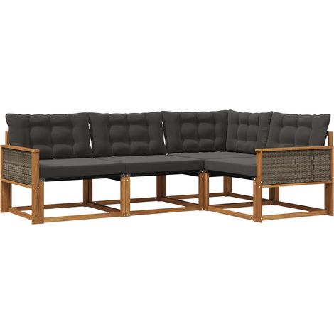 Set di divani da esterno con cuscino 4 pz Salotto da Giardino Naturale e Nero (1/5)