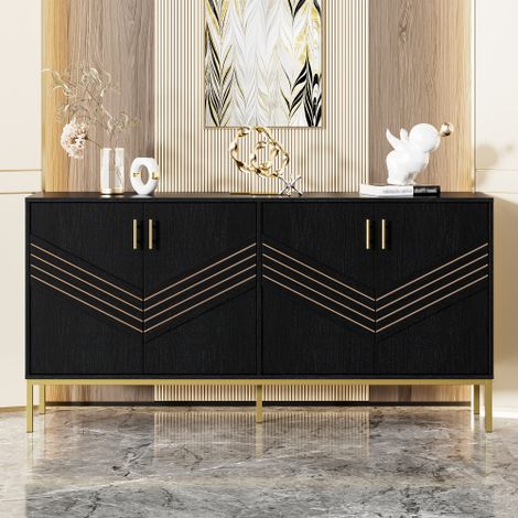 Buffet Moderne 4 Portes en Noir et Or – Meuble de Salle à Manger, Salon ou Entrée avec Structure en Panneaux de Fibres Densifiés (MDF/DPF) et Pieds Métalliques, Étagères Réglables en Hauteur, Grande C