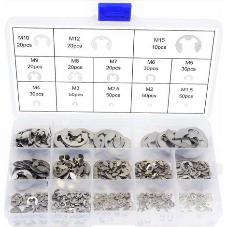 400Pcs 13Size En Acier Inoxydable E-Clip Anneau De Retenue Externe Snap Kit De Assortiment Anneau Anneau De Circlips Interne 1.5/2 / 2.5/3/4/5/6/7/8/9/10/12 / 15Mm Avec Boîte En Plastique (1/5)