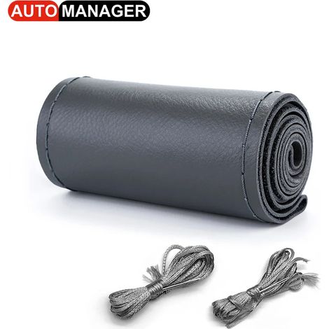 Housse de volant tressée en cuir véritable gris (15 pouces) pour voiture. Accessoire intérieur idéal. (1/5)