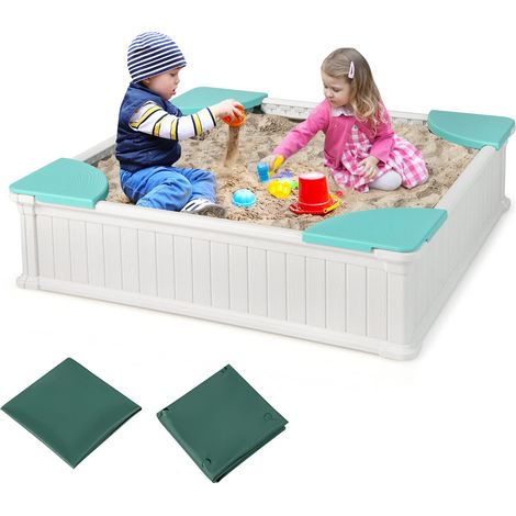 HDPE per bambini Sabbiera con 4 posti angolari, sabbiera per esterni con coperchio e rivestimento in tessuto Oxford, portata 50 kg, per 3+ anni, bianco