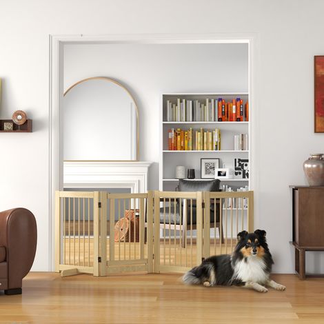 Freistehendes Hundegitter, 4 Paneele, flexibel, Kiefernholz, 204L x 36B x 75H cm, Naturholz
