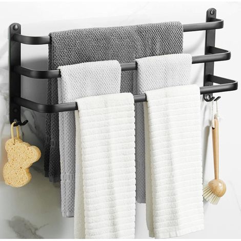 Porte Serviette Murale,Porte Serviette Salle de Bain,Porte-Serviettes Adhésif Noir Mat, Porte-Serviettes en Alliage d'Aluminium Non Perforé (50cm, Three Bars)