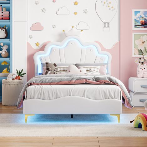 Lit simple fille rembourré 140x190 cm, avec tête de lit LED en forme de fleur et couronne, Sommier en bois, Lit pour enfants en simili cuir Princesse - Blanc