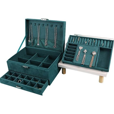 Coffret de rangement en velours pour femme, boîte à bijoux portable avec serrure, organiseur pour bagues, boucles d'oreilles, bracelets et colliers, grand modèle, cadeau idéal pour fille et femme (1/5)