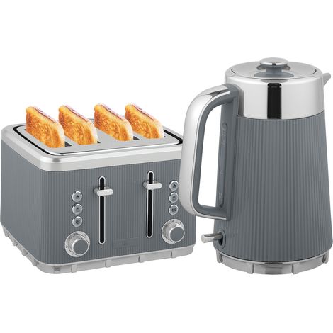 Hervidor eléctrico Irovami de 2200 W, 1,7 L con función de ebullición rápida, filtro antical y tostadora de 4 rebanadas con 7 niveles de tostado, color gris