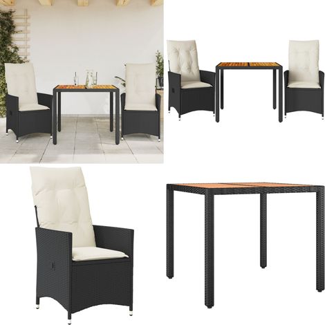 Set da Bistrò 3 pz con Cuscini Nero Polyrattan e Legno Acacia - Tavolo da giardino - Cuscini da seduta