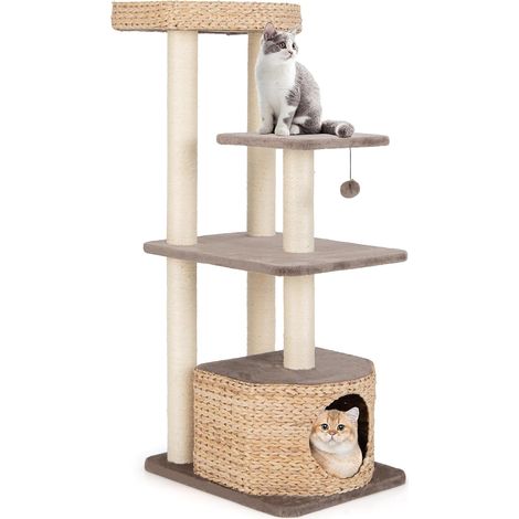 GOPLUS Arbre à Chat 131cm en Tige de Massette, Griffoirs en Sisal, Perchoir, Condo, Boule Suspendue en Peluche, Coussins Amovibles et Lavables, Arbre a Chat Design Moderne pour Chats (1/5)